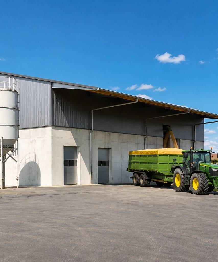 Landwirtschaftshallen und Stallanlagen aus hellgrauen Stahl