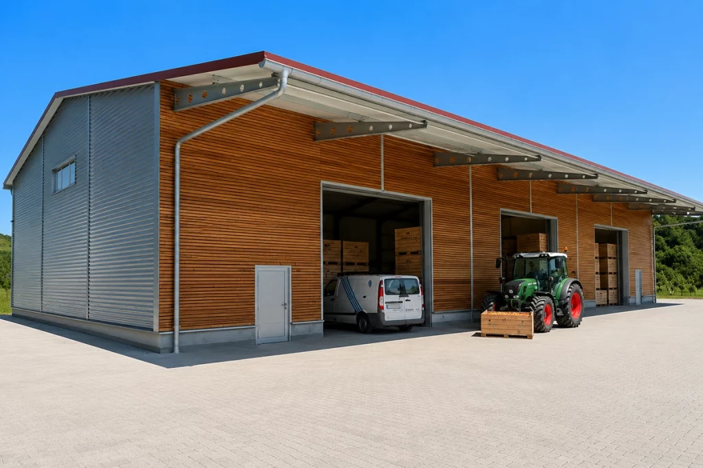 Moderne Lagerhalle mit Traktor und Van