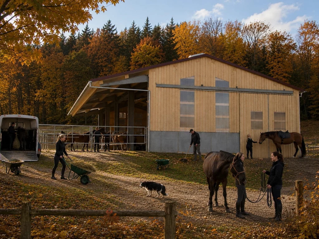 Pferde und Menschen in herbstlicher Landschaft