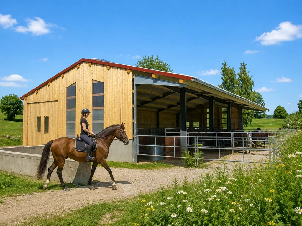 Reithalle und Pferdestall aus Stahl und Holz